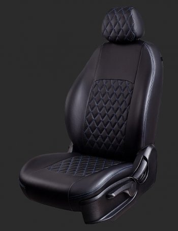 Чехлы для сидений Lord Autofashion Турин Ромб (экокожа, спинка и сиденье 60/40, 3 Г-образных подголовника) Honda CR-V RE1,RE2,RE3,RE4,RE5,RE7 дорестайлинг (2007-2010) (Черный, вставка черная, строчка синяя)