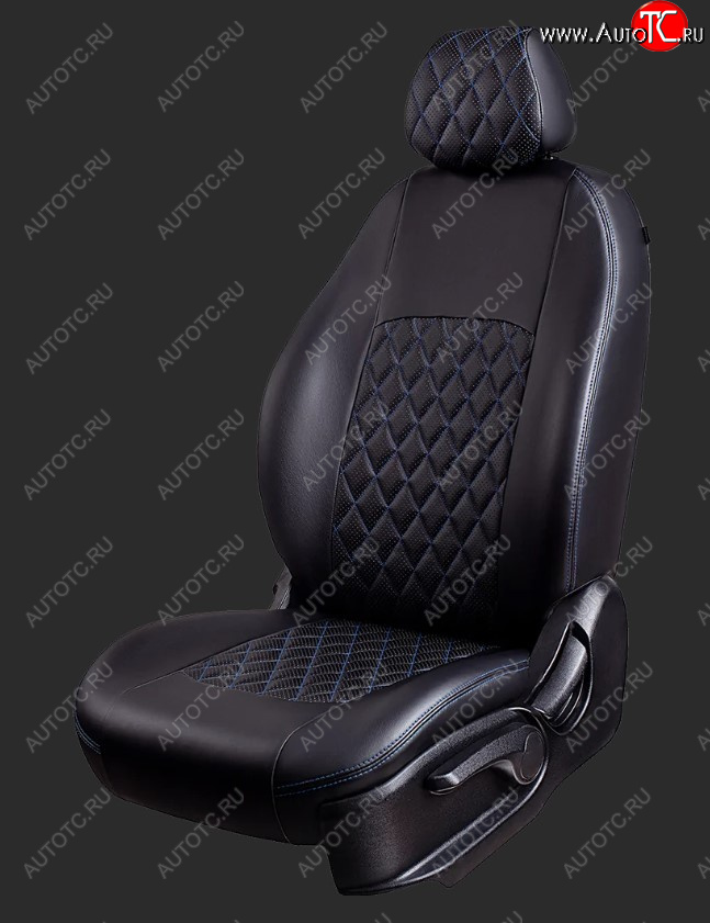 9 449 р. Чехлы для сидений Lord Autofashion Турин Ромб (экокожа, спинка и сиденье 60/40, 3 Г-образных подголовника) Honda CR-V RE1,RE2,RE3,RE4,RE5,RE7 дорестайлинг (2007-2010) (Черный, вставка черная, строчка синяя)  с доставкой в г. Кемерово