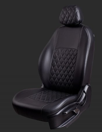 Чехлы для сидений Lord Autofashion Турин Ромб (экокожа, спинка и сиденье 60/40, 3 Г-образных подголовника) Honda CR-V RE1,RE2,RE3,RE4,RE5,RE7 дорестайлинг (2007-2010) (Черный, вставка черная, строчка черная)