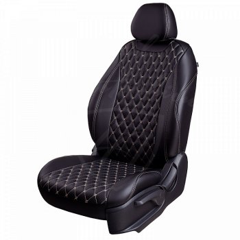 Чехлы для сидений Lord Autofashion Байрон (экокожа, раздельная спинка, 2 П-образных подголовника) Hyundai Creta GS дорестайлинг (2015-2019) (Черный, вставка черная, строчка бежевая)