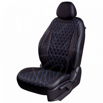 Чехлы для сидений Lord Autofashion Байрон (экокожа, раздельная спинка, 2 П-образных подголовника) Hyundai Creta GS дорестайлинг (2015-2019) (Черный, вставка черная, строчка синяя)