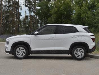 16 449 р. Защита порогов (Ø63 мм, нержавейка) SLITKOFF Hyundai Creta SU (2020-2022) (торцы с пластиковыми заглушками, , полированная нержавейка)  с доставкой в г. Кемерово. Увеличить фотографию 2