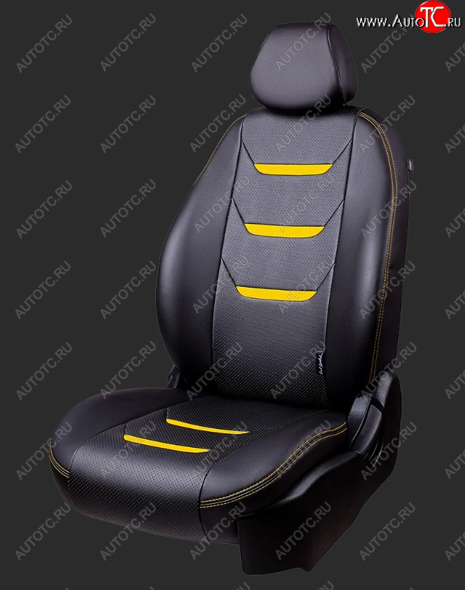 10 299 р. Чехлы для сидений Lord Autofashion Турин 2 (экокожа, спинка 40/60, 3 Г-образных подголовника) Hyundai Getz TB хэтчбэк 5 дв. рестайлинг (2005-2010) (Черный, вставка черная/желтая, строчка желтая)  с доставкой в г. Кемерово