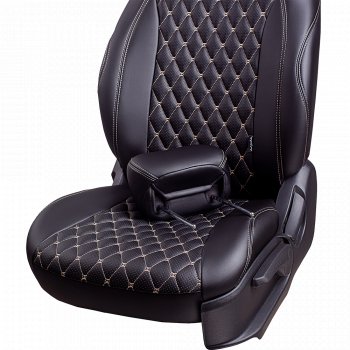 10 899 р. Чехлы для сидений Lord Autofashion Байрон (экокожа, сиденья и спинка 60/40, 3 Г-образных подголовника) Hyundai I30 2 GD дорестайлинг, хэтчбэк 5 дв. (2011-2015) (Черный, вставка черная, строчка бежевая)  с доставкой в г. Кемерово. Увеличить фотографию 3