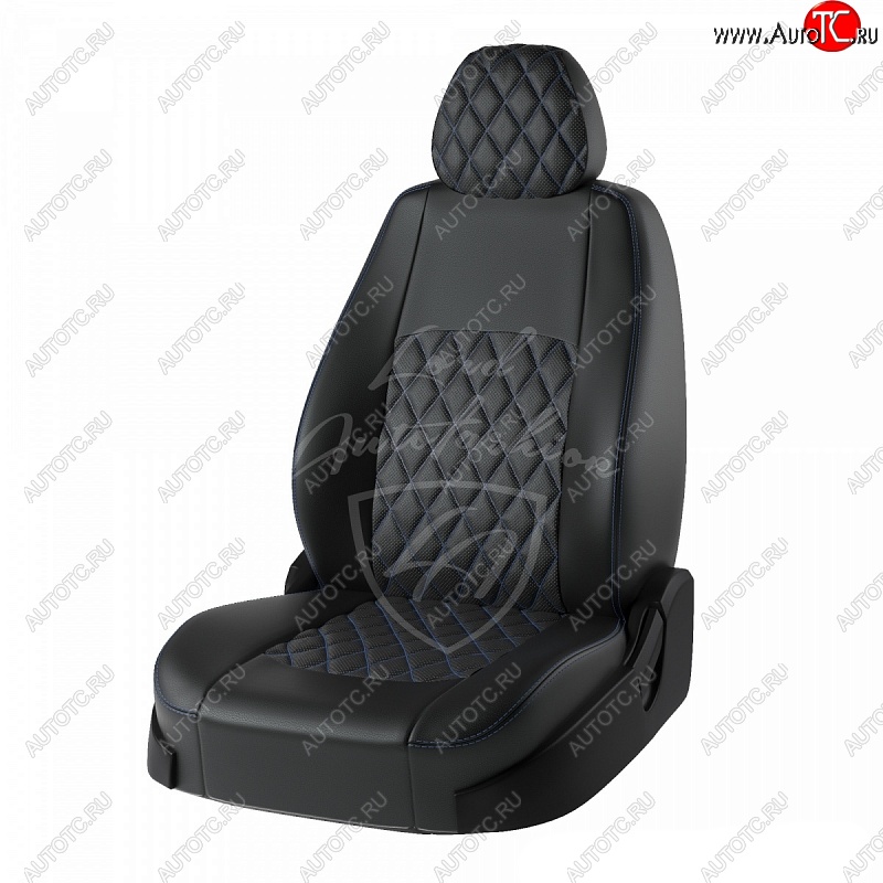 9 449 р. Чехлы для сидений Lord Autofashion Турин Ромб (экокожа) Hyundai I40 1 VF дорестайлинг универсал (2011-2015) (Черный, вставка черная, строчка синяя)  с доставкой в г. Кемерово