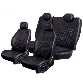 9 449 р. Чехлы для сидений Lord Autofashion Турин Ромб (экокожа) Hyundai IX35 LM дорестайлинг (2009-2013) (Черный, вставка черная, строчка синяя)  с доставкой в г. Кемерово. Увеличить фотографию 4