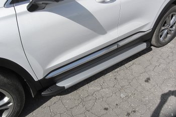 Пороги алюминиевые Slitkoff Hyundai Santa Fe  TM (2018-2021) дорестайлинг (Optima Silver)