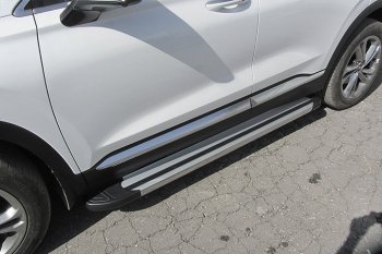 Пороги алюминиевые Slitkoff Hyundai Santa Fe  TM (2018-2021) дорестайлинг (Luxe Silver)