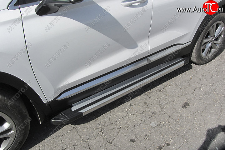 10 699 р. Пороги алюминиевые Slitkoff  Hyundai Santa Fe  TM (2018-2021) дорестайлинг (Luxe Silver)  с доставкой в г. Кемерово