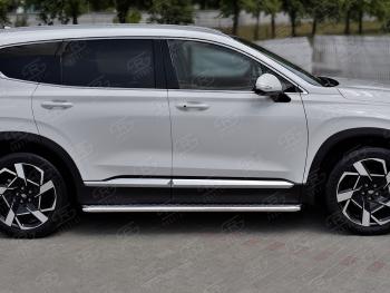 24 649 р. Порожки для ног SLITKOFF (Ø42 мм)  Hyundai Santa Fe  TM (2020-2022) рестайлинг (лист - алюминий, профиль - нержавейка)  с доставкой в г. Кемерово. Увеличить фотографию 3