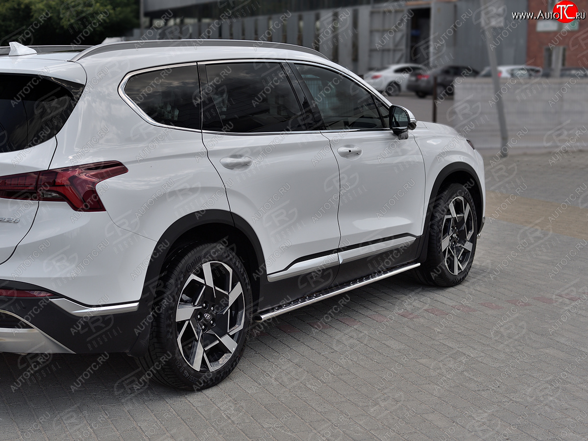 16 649 р. Защита порогов на Russtal (Ø75x42 мм, с проступью) Hyundai Santa Fe TM рестайлинг (2020-2022) (полированная нержавейка)  с доставкой в г. Кемерово