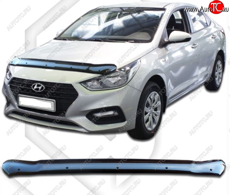 1 899 р. Дефлектор капота CA-Plastic Hyundai Solaris HCR седан дорестайлинг (2017-2020) (Classic черный, Без надписи)  с доставкой в г. Кемерово