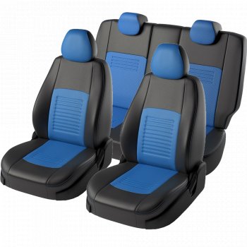 7 399 р. Чехлы для сидений Lord Autofashion Турин ((экокожа, сплошная спинка 2 П-образных подголовника)  Hyundai Solaris  HCR (2017-2020) седан дорестайлинг (Черный, вставка синяя)  с доставкой в г. Кемерово. Увеличить фотографию 2