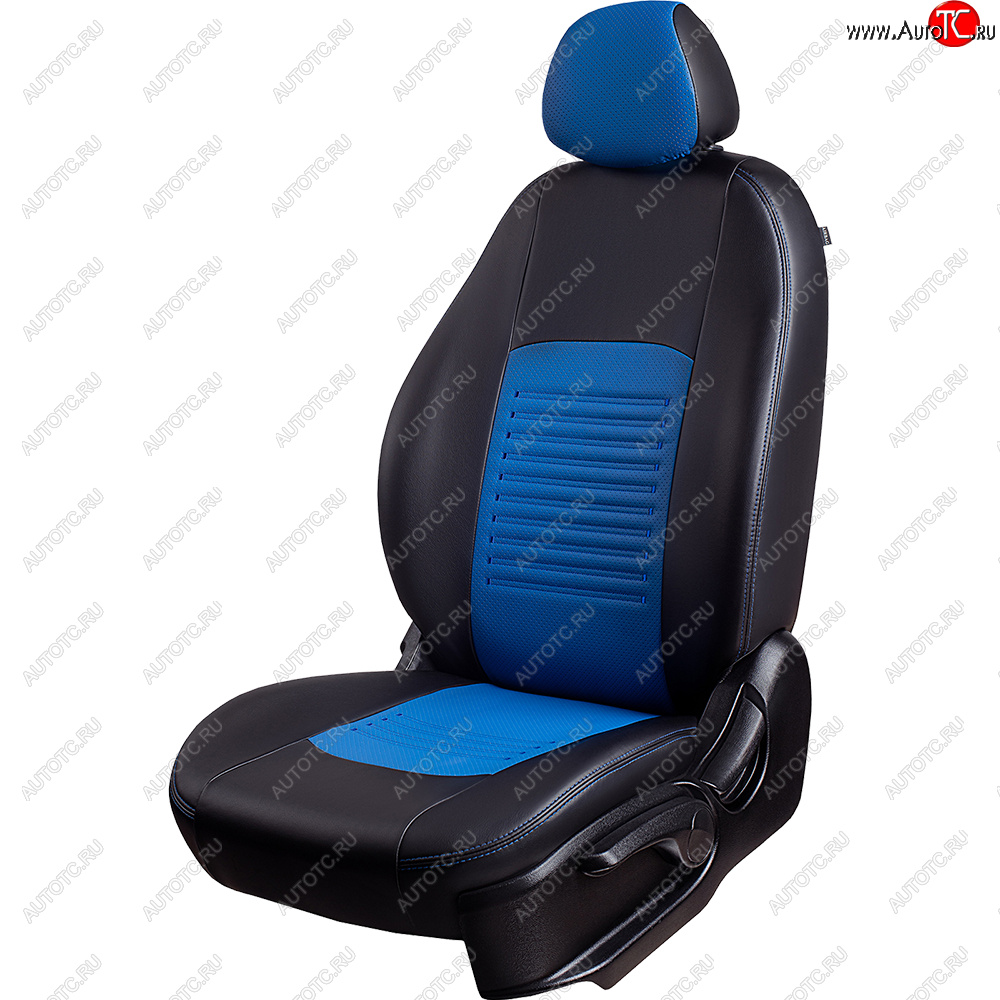 7 399 р. Чехлы для сидений Lord Autofashion Турин ((экокожа, сплошная спинка 2 П-образных подголовника)  Hyundai Solaris  HCR (2017-2020) седан дорестайлинг (Черный, вставка синяя)  с доставкой в г. Кемерово