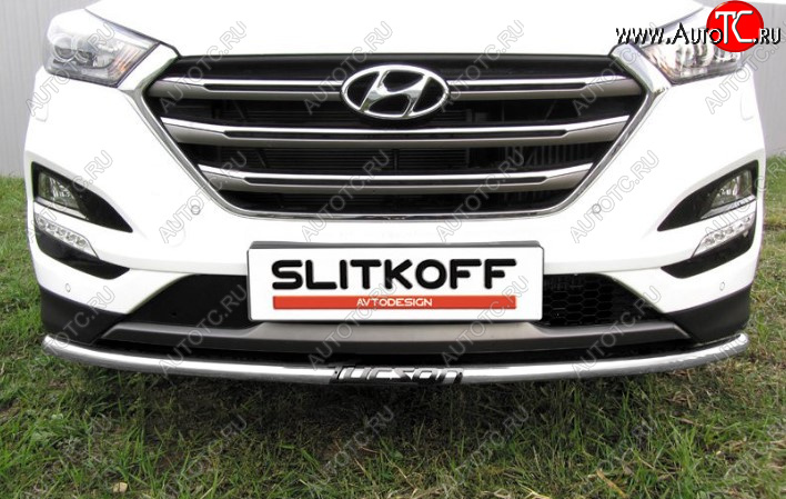 7 549 р. Защита переднего бампера Slitkoff (Ø 42 мм, с надписью).  Hyundai Tucson  TL (2015-2018) дорестайлинг (Сталь с полимерным покрытием. Цвет: серебристый)  с доставкой в г. Кемерово