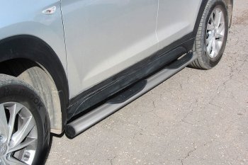 Защита порогов Turbo Slitkoff (с проступями, d76 мм) Hyundai Tucson  TL (2018-2021) рестайлинг (Сталь с полимерным покрытием. Цвет: серебристый)