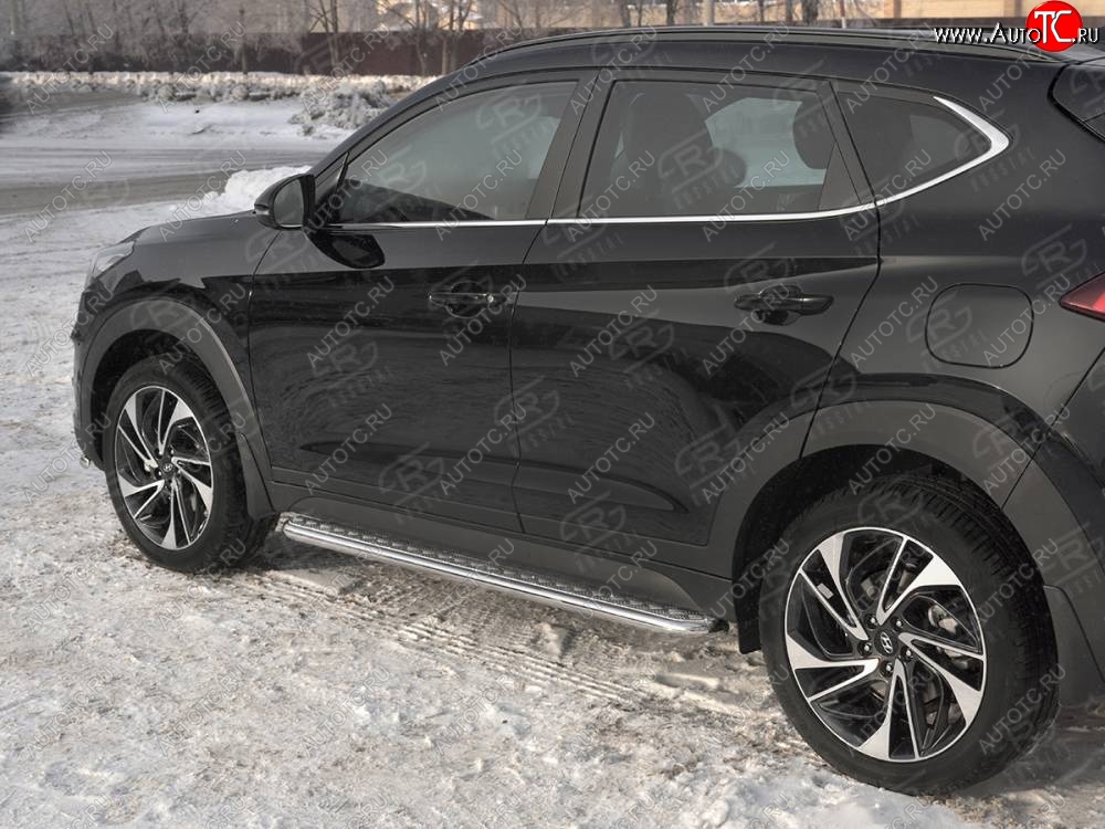 24 649 р. Порожки для ног SLITKOFF (Ø42 мм)  Hyundai Tucson  TL (2018-2021) рестайлинг (Лист алюминиевый, труба - нержавейка)  с доставкой в г. Кемерово