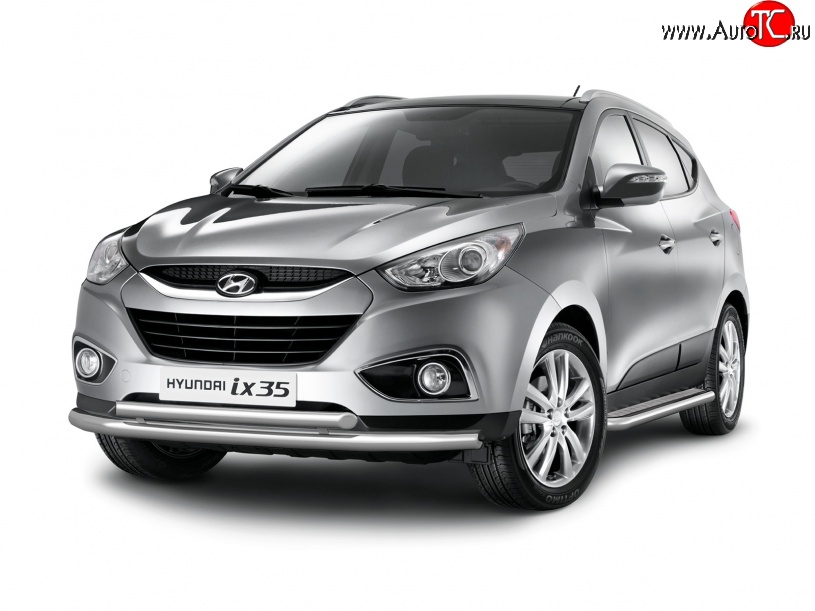 11 899 р. Двойная защита переднего бампера из труб диаметром 63 и 51 мм Petroil Tuning  Hyundai IX35  LM (2009-2018) дорестайлинг, рестайлинг (Нержавеющая полированная сталь)  с доставкой в г. Кемерово