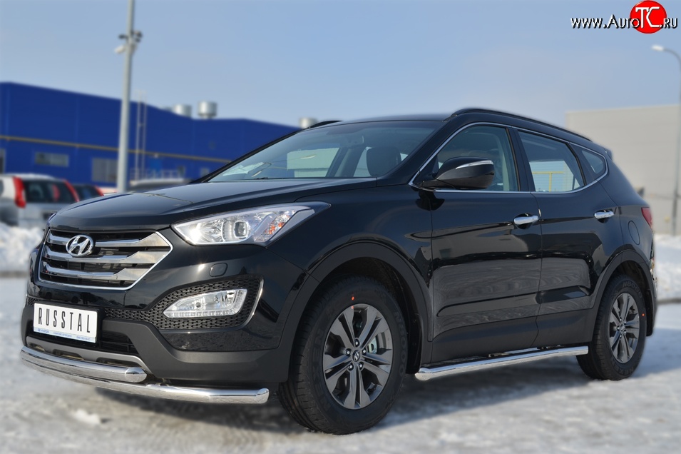 70 999 р. Защита порогов из круглой трубы диаметром 63 мм Russtal Hyundai Santa Fe DM дорестайлинг (2012-2016) (Защита порогов с со скосами на торцах (вариант 1))  с доставкой в г. Кемерово