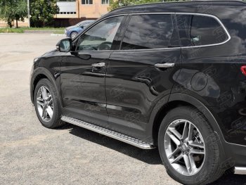 24 649 р. Порожки для ног (Ø42) SLITKOFF  Hyundai Grand Santa Fe  1 DM (2016-2018) рестайлинг (лист - алюминий, профиль - нержавейка)  с доставкой в г. Кемерово. Увеличить фотографию 3