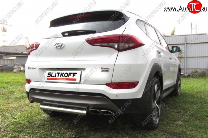 7 999 р. Защита заднего бампера из короткой трубы диаметром 57 мм Slitkoff Hyundai Tucson TL дорестайлинг (2015-2018) (Нержавейка, Полированная)  с доставкой в г. Кемерово