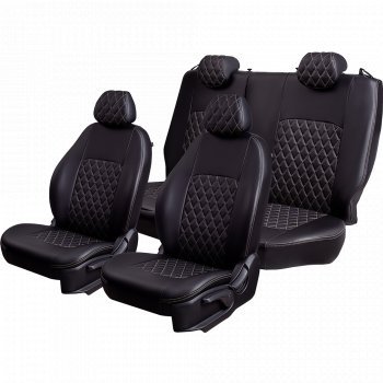 9 449 р. Чехлы для сидений Lord Autofashion Турин Ромб (экокожа, спинка 60/40, 3 Г-образных подголовника) KIA Seltos (2019-2025) (Черный, вставка черная, строчка бежевая)  с доставкой в г. Кемерово. Увеличить фотографию 2