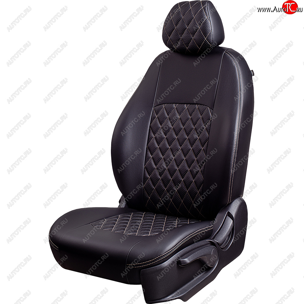 9 449 р. Чехлы для сидений Lord Autofashion Турин Ромб (экокожа, спинка 60/40, 3 Г-образных подголовника) KIA Seltos (2019-2025) (Черный, вставка черная, строчка бежевая)  с доставкой в г. Кемерово