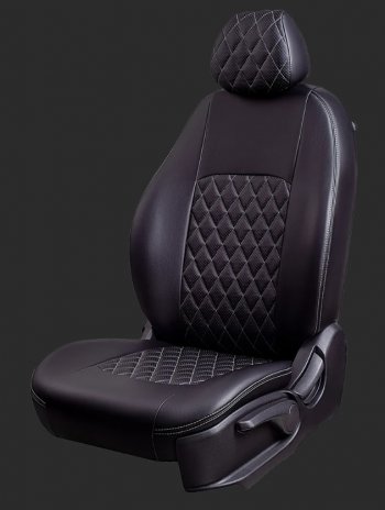 Чехлы для сидений Lord Autofashion Турин Ромб (экокожа, спинка 40/60, 2 П- и 1 Г-образных подголовника) KIA Cerato 3 YD дорестайлинг седан (2013-2016) (Черный, вставка черная, строчка серая)