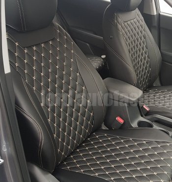 13 949 р. Чехлы для сидений Lord Autofashion Байрон (экокожа) KIA Cerato 4 BD дорестайлинг седан (2018-2021) (Чёрный, вставка чёрная, строчка бежевая)  с доставкой в г. Кемерово. Увеличить фотографию 3