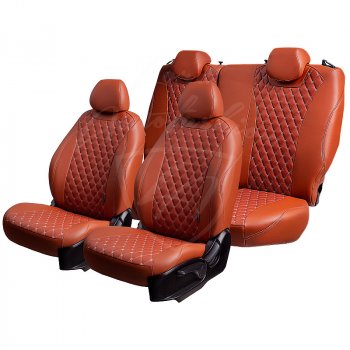 10 899 р. Чехлы для сидений Lord Autofashion Байрон (экокожа, раздельная спинка, 3 П-образных подголовника) KIA Cerato 4 BD дорестайлинг, хэтчбэк (2018-2021) (Коричневый, вставка коричневая, строчка бежевая)  с доставкой в г. Кемерово. Увеличить фотографию 4