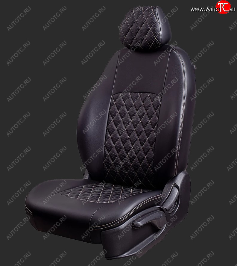 9 449 р. Чехлы для сидений Lord Autofashion Турин Ромб (экокожа, спинка и сиденье 40/60, 3 Г-образных подголовника) KIA Picanto 2 TA хэтчбэк 5 дв. дорестайлинг (2011-2015) (Черный, вставка черная, строчка бежевая)  с доставкой в г. Кемерово