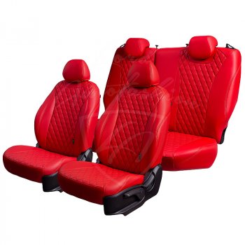 17 449 р. Чехлы для сидений Lord Autofashion Байрон (экокожа, раздельная задняя спинка, 3 Г-образных подголовника)  KIA Rio ( X-line,  X) (2017-2025) рестайлинг (Красный, вставка красная, строчка красная)  с доставкой в г. Кемерово. Увеличить фотографию 2