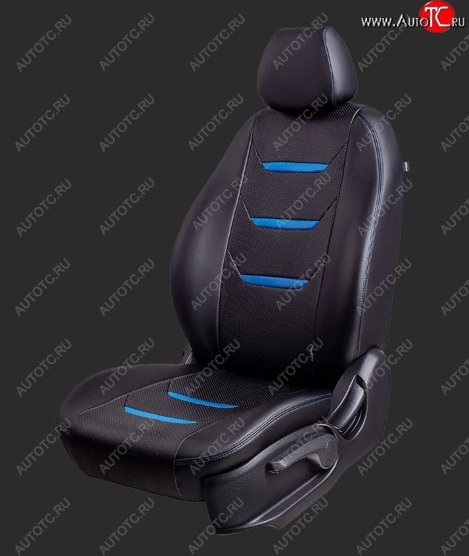 10 299 р. Чехлы для сидений Lord Autofashion Турин 2 (экокожа, спинка 60/40, 3 Г-образных подголовника) KIA Rio 4 FB дорестайлинг седан (2016-2020) (Черный, вставка черная/синяя, строчка синяя)  с доставкой в г. Кемерово