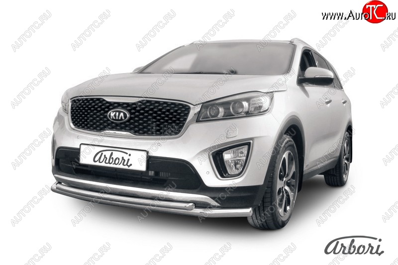5 649 р. Защита переднего бампера Arbori (нержавейка, 2 трубы d57 и 42 mm) KIA Sorento UM/Prime дорестайлинг (2014-2018)  с доставкой в г. Кемерово