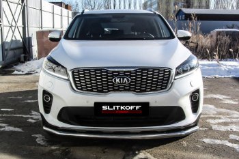 12 999 р. Защита переднего бампера Slitkoff (двойная, d57/42)  KIA Sorento  UM/Prime (2018-2020) рестайлинг (Нержавейка, Полированная)  с доставкой в г. Кемерово. Увеличить фотографию 2