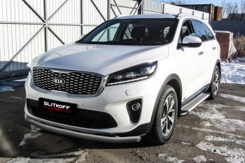 8 999 р. Защита переднего бампера Slitkoff (двойная, d57/42)  KIA Sorento  UM/Prime (2018-2020) рестайлинг (Сталь с полимерным покрытием. Цвет: серебристый)  с доставкой в г. Кемерово. Увеличить фотографию 1