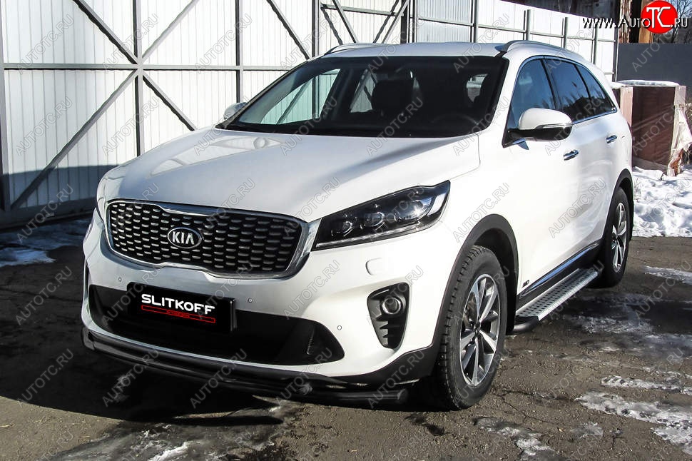 9 649 р. Защита переднего бампера Slitkoff (двойная, d57/42) KIA Sorento UM/Prime рестайлинг (2018-2020) (Сталь с полимерным покрытием. Цвет: чёрный)  с доставкой в г. Кемерово