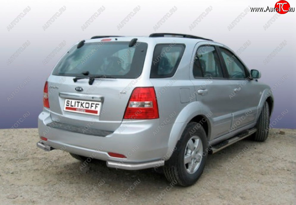 4 999 р. Защита заднего бампера Slitkoff (Ø 57 мм, уголки)  KIA Sorento  BL (2002-2006) дорестайлинг (Сталь с полимерным покрытием. Цвет: серебристый)  с доставкой в г. Кемерово