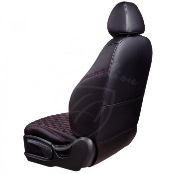 10 899 р. Чехлы для сидений Lord Autofashion Байрон (экокожа, раздельная спинка, 3 Г-образных подголовника) KIA Soul PS дорестайлинг (2014-2016) (Черный, вставка черная, строчка красная)  с доставкой в г. Кемерово. Увеличить фотографию 2