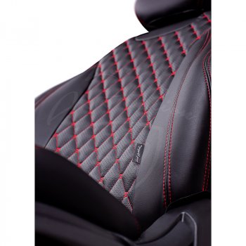 10 899 р. Чехлы для сидений Lord Autofashion Байрон (экокожа, раздельная спинка, 3 Г-образных подголовника) KIA Soul PS дорестайлинг (2014-2016) (Черный, вставка черная, строчка красная)  с доставкой в г. Кемерово. Увеличить фотографию 3