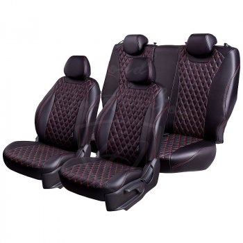 10 899 р. Чехлы для сидений Lord Autofashion Байрон (экокожа, раздельная спинка, 3 Г-образных подголовника) KIA Soul PS дорестайлинг (2014-2016) (Черный, вставка черная, строчка красная)  с доставкой в г. Кемерово. Увеличить фотографию 4