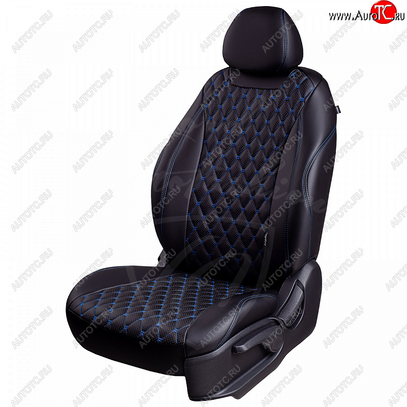 10 899 р. Чехлы для сидений Lord Autofashion Байрон (экокожа, раздельная спинка, 3 Г-образных подголовника) KIA Soul SK3 (2018-2022) (Черный, вставка черная, строчка синяя)  с доставкой в г. Кемерово