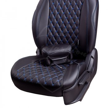 10 899 р. Чехлы для сидений Lord Autofashion Байрон (экокожа, раздельная спинка, 3 Г-образных подголовника) KIA Soul SK3 (2018-2022) (Черный, вставка черная, строчка синяя)  с доставкой в г. Кемерово. Увеличить фотографию 3