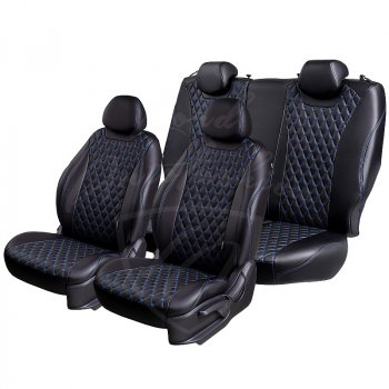 10 899 р. Чехлы для сидений Lord Autofashion Байрон (экокожа, раздельная спинка, 3 Г-образных подголовника) KIA Soul SK3 (2018-2022) (Черный, вставка черная, строчка синяя)  с доставкой в г. Кемерово. Увеличить фотографию 4
