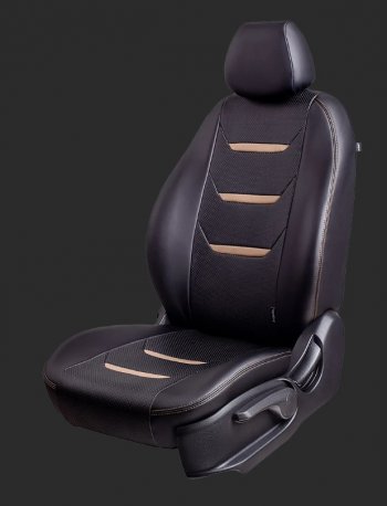 7 399 р. Чехлы для сидений Lord Autofashion Турин 2 (экокожа, спинка 60/40 3 П-образных подголовника) KIA Spectra (2000-2009) (Чёрный, вставка черный/бежевый, строчка бежевая)  с доставкой в г. Кемерово. Увеличить фотографию 1