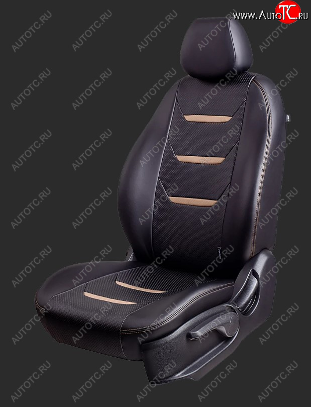 7 399 р. Чехлы для сидений Lord Autofashion Турин 2 (экокожа, спинка 60/40 3 П-образных подголовника) KIA Spectra (2000-2009) (Чёрный, вставка черный/бежевый, строчка бежевая)  с доставкой в г. Кемерово