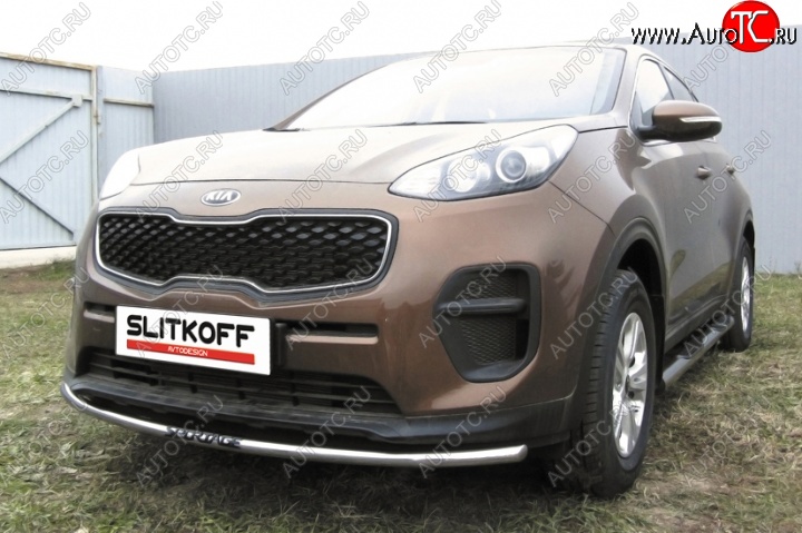10 799 р. Одинарная защита переднего бампера диаметром 42 мм с надписью Slitkoff  KIA Sportage  4 QL (2016-2018) дорестайлинг (Нержавейка, Полированная)  с доставкой в г. Кемерово