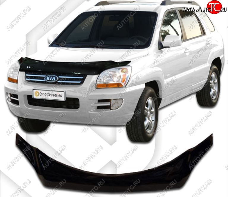 2 559 р. Дефлектор капота CA-Plastiс  KIA Sportage  2 JE,KM (2004-2010) дорестайлинг,  рестайлинг (Classic черный, Без надписи)  с доставкой в г. Кемерово