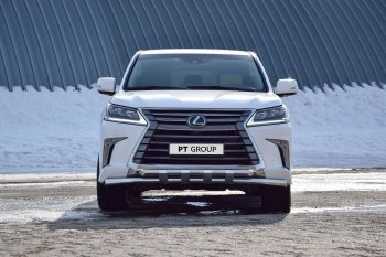 Защита переднего бампера двойная с пластинами из труб d63/63 мм Petroil Tuning Lexus LX450d  J200 (2015-2022) 2-ой рестайлинг (Нержавеющая полированная сталь)