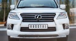Защита переднего бампера (2 трубыØ76 и 75х42 мм, нержавейка) Russtal Lexus LX570 J200 1-ый рестайлинг (2012-2015)